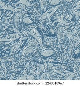 Seafood fishing nets pattern seamless monochrome catching marine fish and animals in ocean for sale at farmer market vector illustration