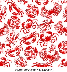 Seafood fishing seamless pattern. Vector fisherman catch of ocean lobster or crab and sea crayfish or shellfish prawn with fisher tackle of net. Design for seafood restaurant or fish cuisine.