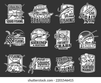 Seafood and fishing sport icons, rods for fish and tuna or octopus vector symbols. Seafood market and fisher store icons with tackles and baits, ocean squid, sea shrimp and marlin