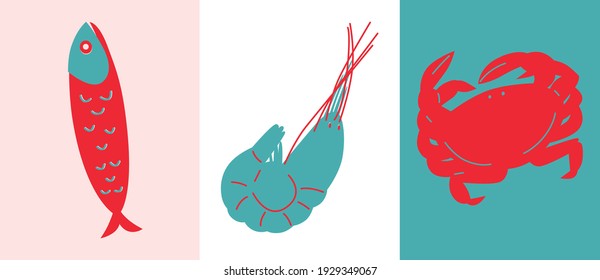 Seafood flat abstract illustration. Crabs, fish and lobster vector. Seafood abstract set icon. Great for flyer, web poster, natural products presentation templates, cover design