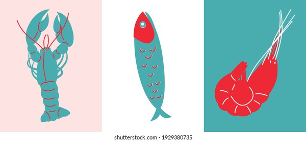 Seafood flat abstract illustration. Crabs, fish and lobster vector. Seafood abstract set icon. Great for flyer, web poster, natural products presentation templates, cover design