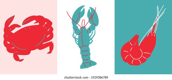 Seafood flat abstract illustration. Crabs, fish and lobster vector. Seafood abstract set icon. Great for flyer, web poster, natural products presentation templates, cover design