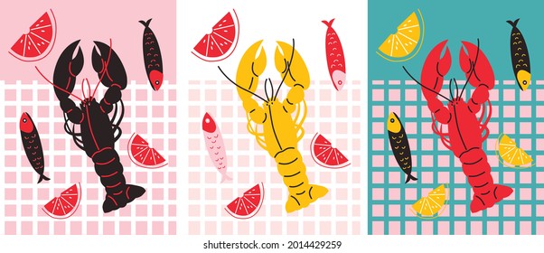 Seafood in flat abstract style. Crabs, lemon and lobster hand drawing. Set of banners. Crabs and lobster modern still life. Funny colored typography poster, apparel print design, bar menu decoration.