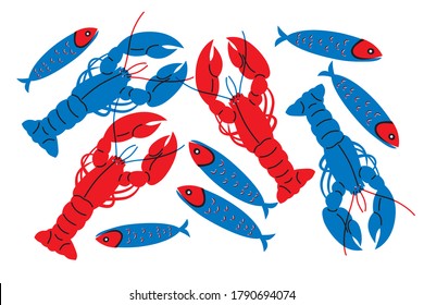 Seafood in flat abstract vector. Shrimps or lobster, crab illustration. Seafood concept on white background. Lobster, crab modern still life. Vector design for fish platters, shrimps or lobster crab.