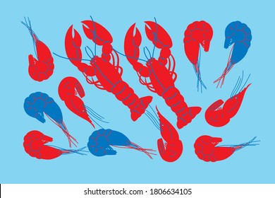 Seafood in flat abstract vector. Shrimps or lobster, crab illustration. Seafood concept on blue background. Lobster, crab modern still life. Vector design for fish platters, shrimps or lobster crab