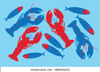 Seafood in flat abstract vector. Shrimps or lobster, crab illustration. Seafood concept on white background. Lobster, crab modern still life. Vector design for fish platters, shrimps or lobster crab.