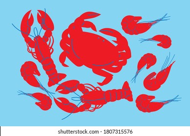 Seafood in flat abstract vector. Shrimps or lobster, crab illustration. Seafood concept on white background. Lobster, crab modern still life. Vector design for fish platters, shrimps or lobster crab.