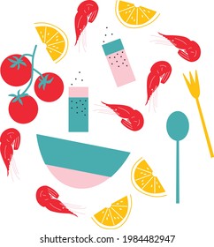 Seafood in flat abstract vector. Shrimps with lemon illustration. Seafood concept on white background. Shrimps modern still life. Vector design for fish platters, shrimps or lobster crab salads.