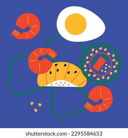 Seafood in flat abstract vector. Shrimps or lobster, crab illustration. Seafood concept on white background. Lobster, crab modern still life. Vector design for fish platters, shrimps or lobster crab.