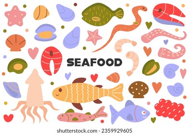 Seafood flat cartoon set. A lively cartoon illustration set capturing the vibrant world of seafood, perfect for culinary-themed designs. Vector illustration.