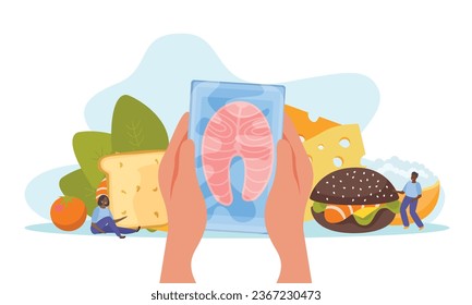 Seafood flat composition with human hands holding frozen fish steak vector illustration