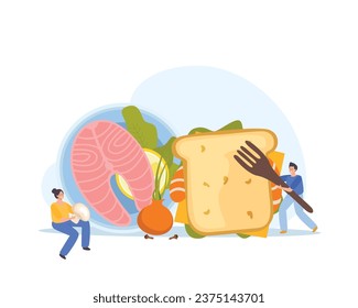 Seafood flat composition with salmon steak and prawn sandwich vector illustration