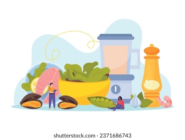 Seafood flat composition with tuna steak clams and algae vector illustration