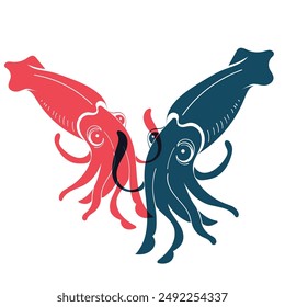 Seafood  flat icon. Marine animal shapes. Underwater world.  Riso print effect