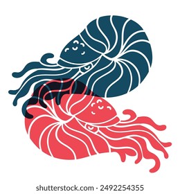 Seafood  flat icon. Marine animal shapes. Underwater world.  Riso print effect