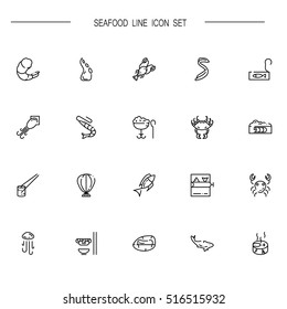 Seafood flat icon set. Collection of high quality outline symbols of seafood for web design, mobile app. Vector thin line vector icons or logo of fish, crab, sushi, caviar, shrimp, etc.
