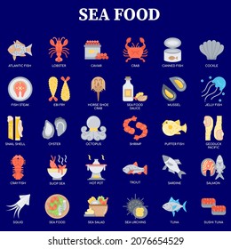 Seafood flat icon vector collection set on blue background