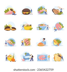 Seafood flat icons set with fresh organic diet food items isolated vector illustration