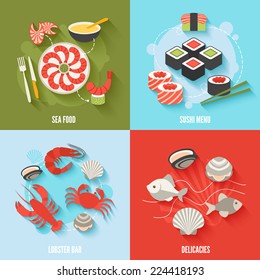 Seafood flat icons set with sushi menu lobster bar delicacies isolated vector illustration