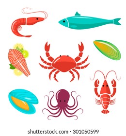 Seafood flat kit. Fish, crawfish, shrimp, crab, mussels, oyster, octopus.  Good for design restaurant menu, posters, flyers or wrapping. 