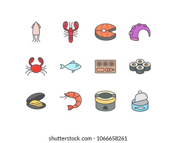 Seafood flat line colored icons with squid, lobster, salmon, octopus, crab, fish, sushi, oyster, shrimp, caviar, canned tuna.