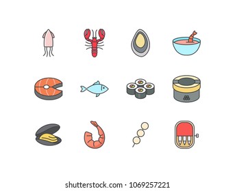 Seafood flat line colored icons set with squid, lobster, mussel, shrimp soup, salmon, sushi, caviar, oyster, prawn, fish balls, canned tuna.