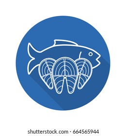 Seafood flat linear long shadow icon. Fish. Salmon fillet steaks. Vector outline symbol