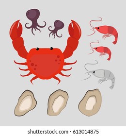 Seafood flat tasty cooking delicious can be used for layout advertising and fresh shrimp shellfish web design gourmet restaurant meal vector illustration.