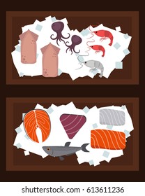 Seafood flat tasty cooking delicious can be used for layout advertising and fresh shrimp shellfish web design gourmet restaurant meal vector illustration.