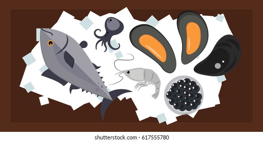 Seafood flat tasty cooking delicious can be used for layout advertising and fresh shrimp shellfish web design gourmet restaurant meal vector illustration.