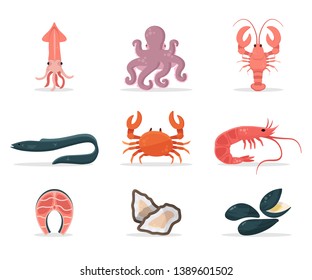 Seafood flat vector illustration set. Healthy fresh food icons collection. Eco meal delicious items pack. Lunch time, dinner menu. Salmon, octopus , crab color drawings. Isolated elements