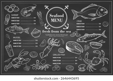 Sabor de frutos do mar apresentado com detalhes desenhados à mão. Um vetor utilizável para menus de restaurante e café à beira-mar.