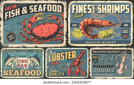 Folletos de marisco conjunto de colores vintage con cangrejo y camarón o calamares con langosta para menú de pescado café ilustración vectorial