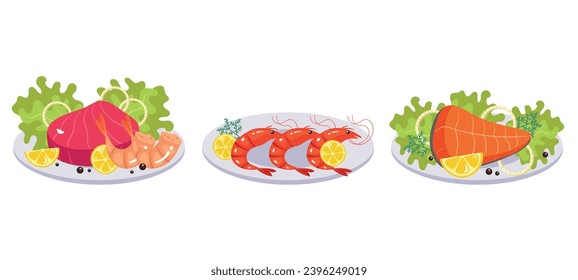 Seafood food dish plate sea meat kitchen isolated set. Vector flat graphic design illustration