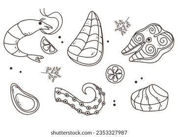 Seafood food drawing sketch isolated set. Vector flat graphic design illustration
