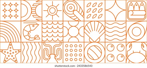 Seafood food in modern line geometric pattern or mosaic tile, vector background. Seafood pattern in thin line geometry with shrimp or salmon, crab and oyster, sardines and caviar in geometric outline