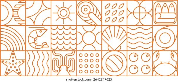Frutos do mar em padrão geométrico de linha moderno ou azulejo de mosaico, fundo vetorial. Padrão de frutos do mar em geometria de linha fina com camarão ou salmão, caranguejo e ostra, sardinhas e caviar em contorno geométrico