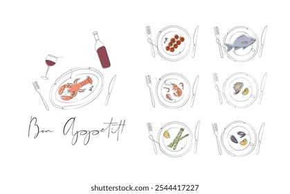 Placas de frutos do mar coleção ostra, camarão, mexilhões, lagosta, espargos, tomates com garfo, faca e inscrições desenho de apetite com cor sobre fundo branco