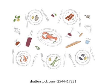 Placas de frutos do mar coleção ostra, camarão, mexilhões, lagosta, espargos, tomates com garfo e faca desenho com cor sobre fundo branco