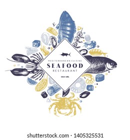 Seafood frame design. With hand drawn fresh fish, lobster, crab, oyster, mussel, squid, shrimps and sushi. Vintage card or flyer template with sea food sketch. Vector food background