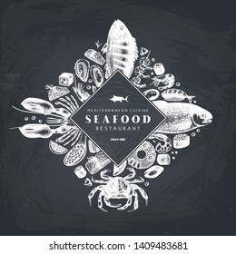 Seafood frame design. With hand drawn fresh fish, lobster, crab, oyster, mussel, squid, shrimps and sushi. Vintage card or flyer template with sea food sketch. Vector food background on chalkboard.