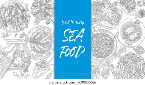 Seafood frame. Seafood sketchy vector framed illustration. Paella, oysters, wine, fish, prawns, mussels. Illustration stock vector. 
