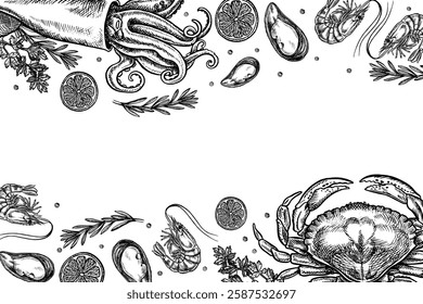 Seafood frame, squid, mussels and shrimps with lemon and herbs, crab. Handmade vector illustration. Black and white image of delicacies. Perfect for menus, recipe books, packages, labels, invitations.