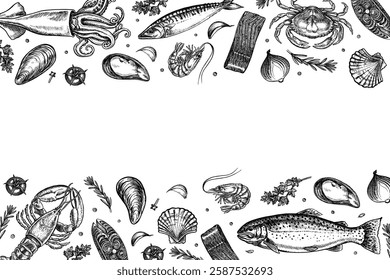 Seafood frame trout, mackerel and squid, crayfish, crabs and shrimps, mussels and marine elements. Vector graphic illustrations made by hand. Black and white images of banners, invitations, flyers.