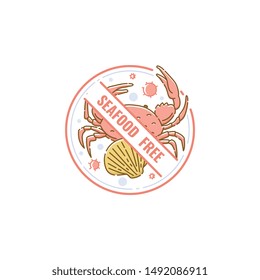 Seafood free icon and label with crab and shell. Allergen free food and products without seafood for diet, vector flat icon illustration.