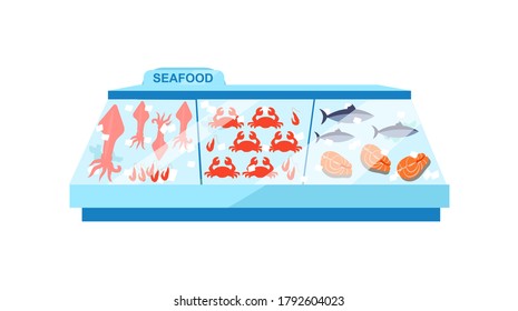 Seafood freezer flat color vector object. Frozen food showcase. Store counter. Gastronomy. Fish display in supermarket isolated cartoon illustration for web graphic design and animation