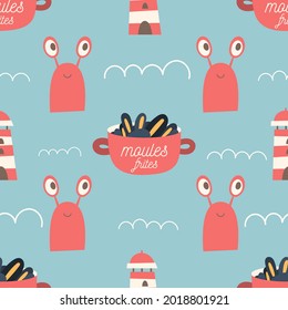 Seafood French cartoon seamless pattern. Vector illustration. Mussels and lobster.