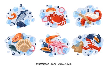 Seafood, Fresh Fish In Cartoon Ice Set, Vector Illustration. Ocean Raw Product, Salmon, Shrimp, Shellfish And Flat Octopus, Fishing Market Concept. Store Frozen Product, Isolated On White Collection.