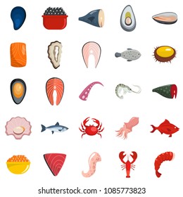 Seafood fresh fish food icons set. Flat illustration of 25 seafood fresh fish food vector icons isolated on white