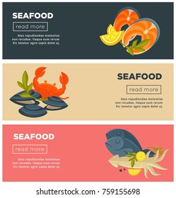 Seafood fresh fish menu vector web banners design template